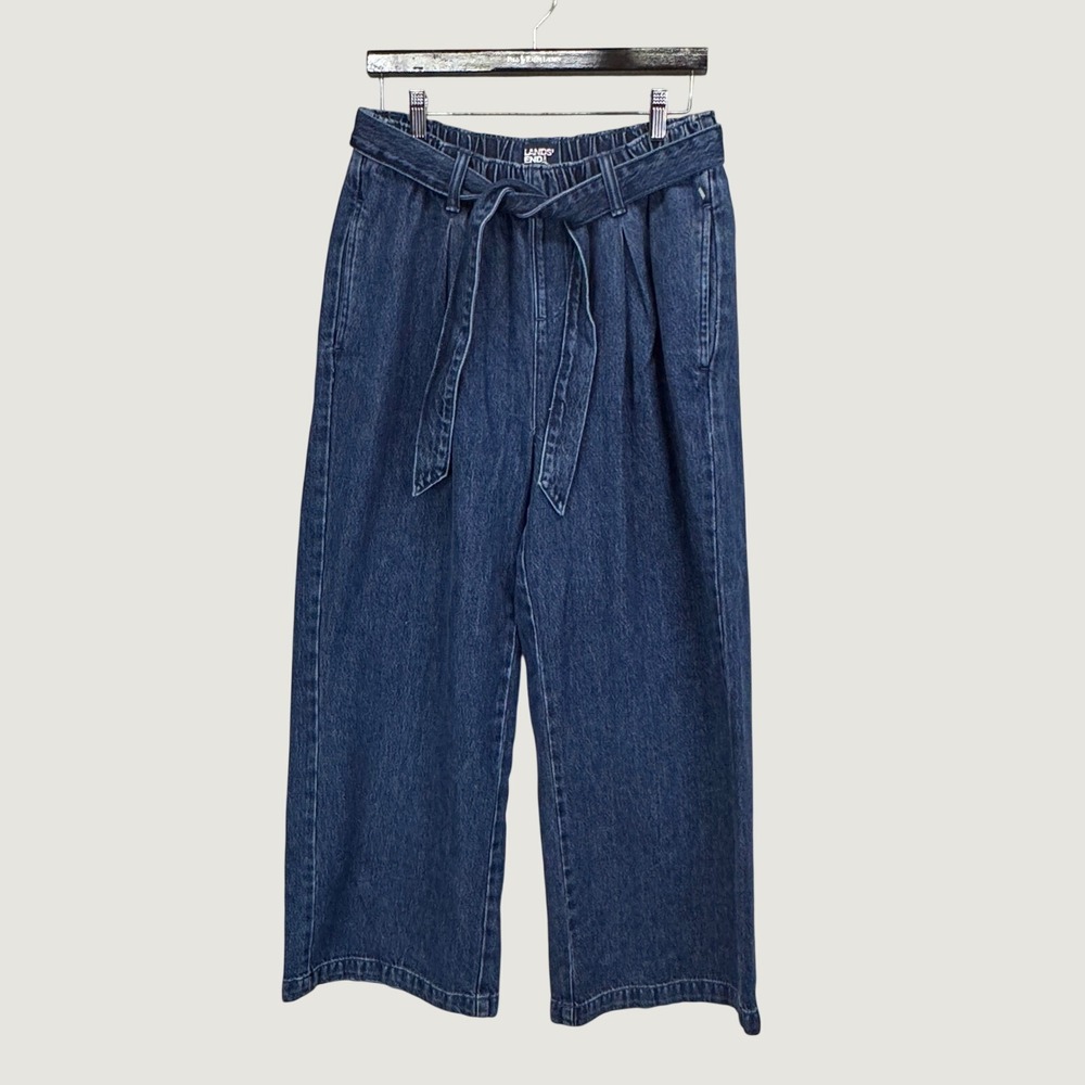 Lands End Wide Leg Denim Culottes S/P 6-8 Blue Paperbag Waist Belted Coastal